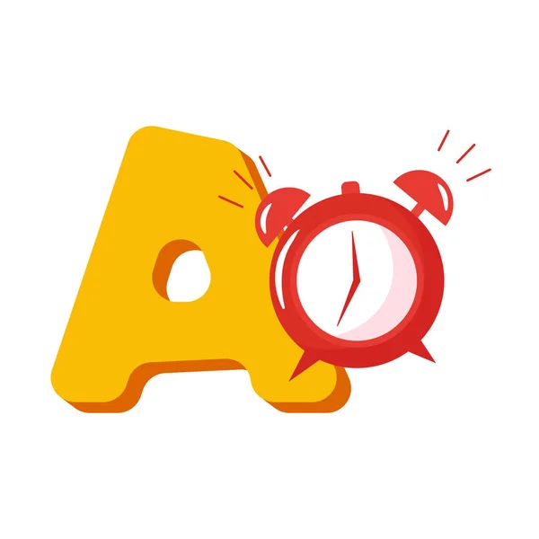 Capital letter A isolated on white background. Back to school concept. Wake up clock. Alarm clock is ringing. Vector illustration in flat style. — Stock Vector