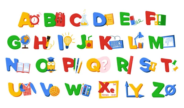 Alphabet with school supplies. Back to school ABS with clip art images. Elementary school. Vector cartoon — Stock Vector