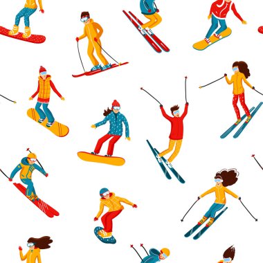 Vektör kayakçılar ve snowboardcular karikatür düz tarzı. Kayak merkezinde erkekler ve kadınlar. Kış sporu aktivitesi. Basit karakterler. Beyaz arka plan üzerinde izole dikişsiz desen