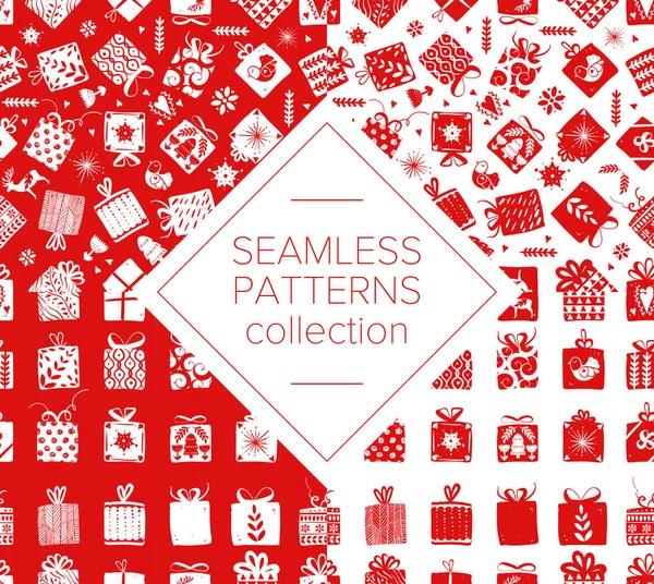 Red simple gift boxes for holiday celebrations Scandinavian Nordic style. Christmas, new year presents. Collection of boxes with simple decoration hand drawn. Seamless pattern for holiday wrapping