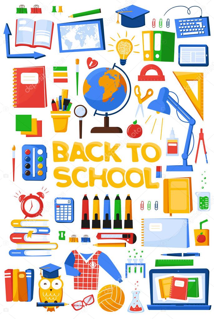 Collection of school supplies. Back to school. Stationery for school or College. School bag contents. Vector illustration set isolated on white background flat cartoon style