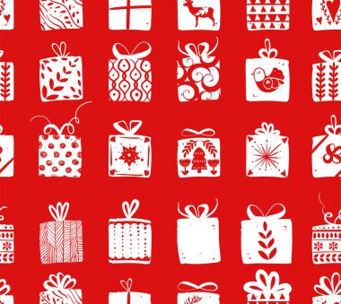 Tatil kutlamaları İskandinav İskandinav stili için kırmızı basit hediye kutuları. Noel, yeni yıl hediyeleri. Basit dekorasyon elle çizilmiş kutularıyla topluluğu. Tatil kaydırma için seamless modeli