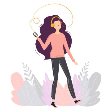 Genç kız telefondan kulaklıkla müzik dinliyor. Basit karakter modern düz. Mutlu kız yürüyor. Online eğitim kavramı