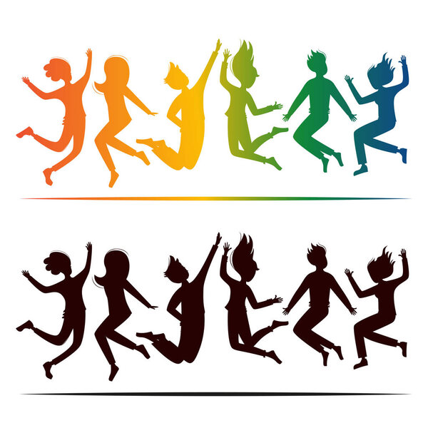 Set guys and girls jump silhouette. The concept of success in school university or college, good luck, good mood, friendship, back to school. Jumping fun friends background. Vector ittustration