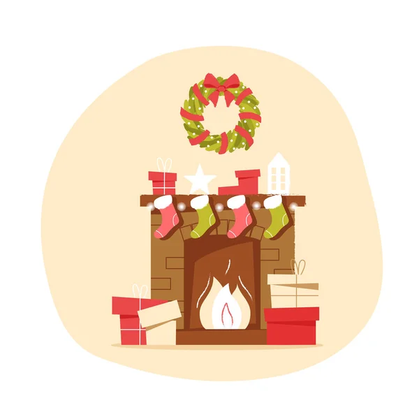 Clásica chimenea de ladrillo con calcetines de Navidad, regalos y una corona sobre un fondo neutro. Año nuevo ilustración vectorial en estilo plano para banner web, tarjeta de felicitación o etiquetas — Vector de stock