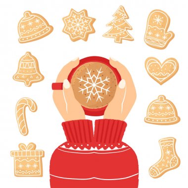 Bir fincan kahve tutan kadınların elleri. İçinde kakao olan bir Noel kartı. Konforlu yeni yıl kafe konsepti. Üst Manzara. Noel kurabiyeleri. Yeni yıl için ev yapımı kurabiyeler. Mevsimlik Clipart