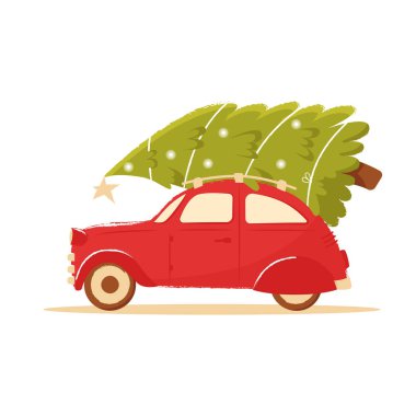 Kırmızı bir retro arabanın çatısında noel ağacı. Yeni yıl ve Noel ile Sevimli kartpostal