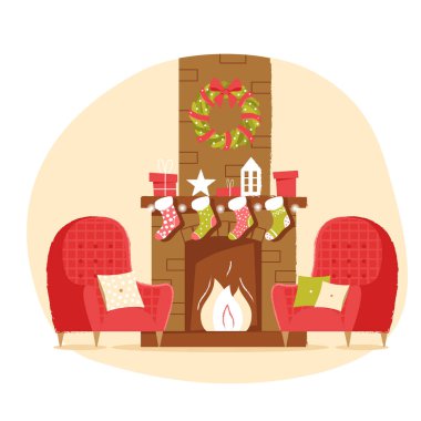 Noel çorap, koltuk, hediyeler ve tarafsız bir arka plan üzerinde bir çelenk ile Klasik tuğla şömine. Web afiş, tebrik kartı veya etiketleri için düz tarzda Yeni yıl vektör illüstrasyon