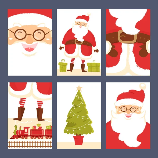 Conjunto de tarjetas con Papá Noel y regalos, árbol de Navidad. Conjunto de tarjetas de felicitación para la celebración de Año Nuevo — Vector de stock