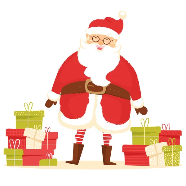 Santa Claus y un montón de regalos. Tarjeta de felicitación para la celebración de Año Nuevo y Navidad. Personaje de dibujos animados santa — Vector de stock