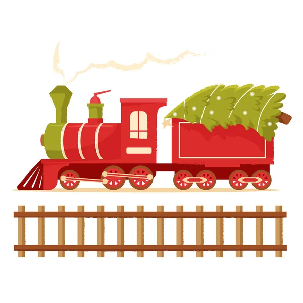 Trem de Natal carrega uma árvore de Natal. Locomotiva de brinquedo de Natal para cartões de férias, etiquetas e cartões de saudação — Vetor de Stock