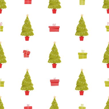 Noel ağacı ve hediyeler ile sorunsuz desen. Tatil tebrik veya davet kavramı