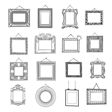 Siyah beyaz resim çerçeveleri. Klasik, modern ve klasik boş çerçeveler. Satır çizimi