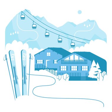 Kayakla kayak tatili. Alplerde kış tatili aktiviteleri dağ manzaralı ve ormanlı manzara. Alp Köyü dağ evi. Düz biçim