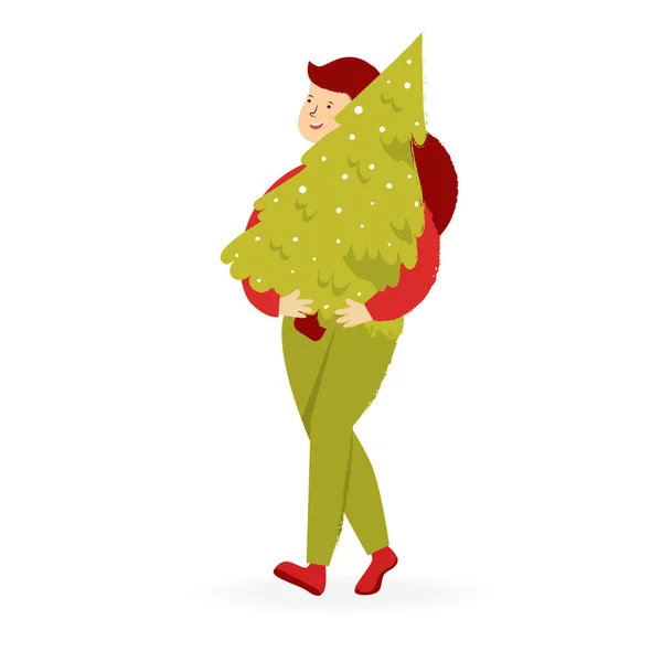 Абстрактний жіночий персонаж з ялинкою. Різдвяна або новорічна листівка червоно-зеленого кольору. Мультфільм плоский стиль. Декор на свято, дизайн святкування — стоковий вектор