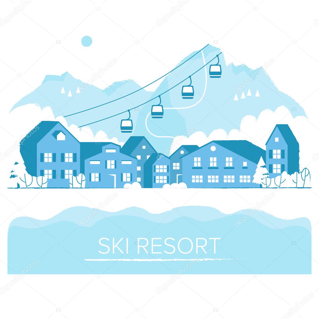 Ski resort vacation with ski lift. Winter outdoor holiday activity sport in alps, landscape with mountain view and forest. Alpine village chalet. Flat style