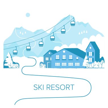 Kayakla kayak tatili. Alplerde kış tatili aktiviteleri dağ manzaralı ve ormanlı manzara. Alp Köyü dağ evi. Düz biçim