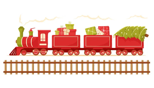 Der Weihnachtszug trägt einen Weihnachtsbaum. Weihnachten Spielzeuglokomotive für Urlaubskarten, Etiketten und Grußkarten — Stockvektor