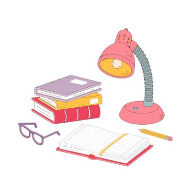 Kitap yığını, masa lambası, gözlük ve masanın üzerinde bir kalem. Öğrenci işyeri sınıfta ya da evde.