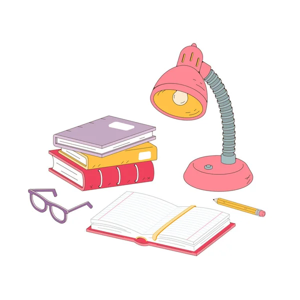 Une pile de livres, une lampe de bureau, des lunettes et un crayon sur la table. Le lieu de travail des étudiants en classe ou à la maison — Image vectorielle