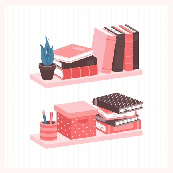 Estantes con libros y otros artículos para el hogar. Biblioteca en casa. Organizar el orden de las cosas en los estantes de la sala de estar — Vector de stock