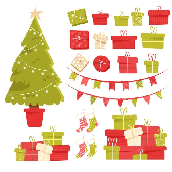 Conjunto de clipart festivo para la Navidad y la decoración de año nuevo. Árbol de Navidad, regalos, calcetines de Navidad, guirnaldas — Vector de stock