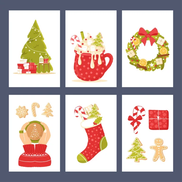 Conjunto de tarjetas con clipart navideño y atributos navideños. Conjunto de tarjetas de felicitación o invitación para la celebración de Año Nuevo — Vector de stock