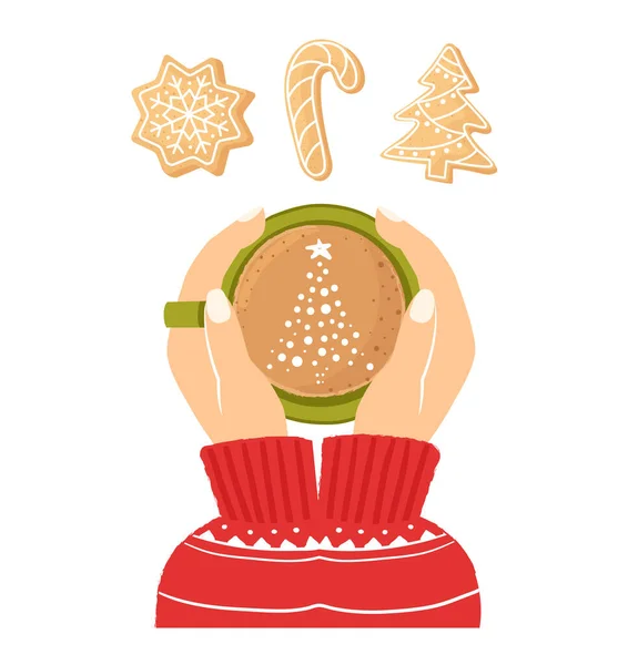 Mãos de mulher segurando uma xícara de café. Cartão de Natal com uma xícara de cacau. O conceito de um aconchegante café de ano novo. Vista superior. Biscoitos de gengibre de Natal. Biscoitos caseiros para o ano novo. Clipart sazonal —  Vetores de Stock