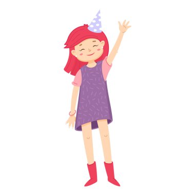 Kız el sallıyor. Partiye hoş geldin tabelası. Doğum günü daveti