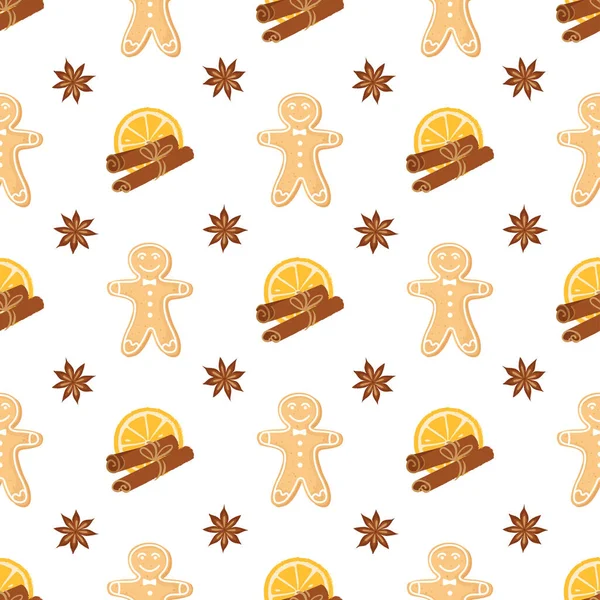Seamless pattern of ginger cookies, anise, oranges and cinnamon. Homemade cookies for the new year. Holiday background for wrapping paper or greeting cards — Stock Vector