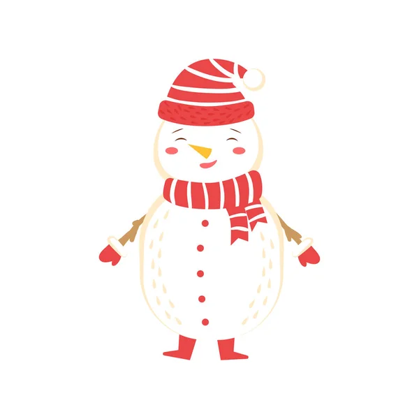 雪だるまは暖かい帽子、スカーフ、ミトンを身に着けています。白い背景のベクトルイラスト、クリスマスの装飾のための隔離された雪だるま — ストックベクタ