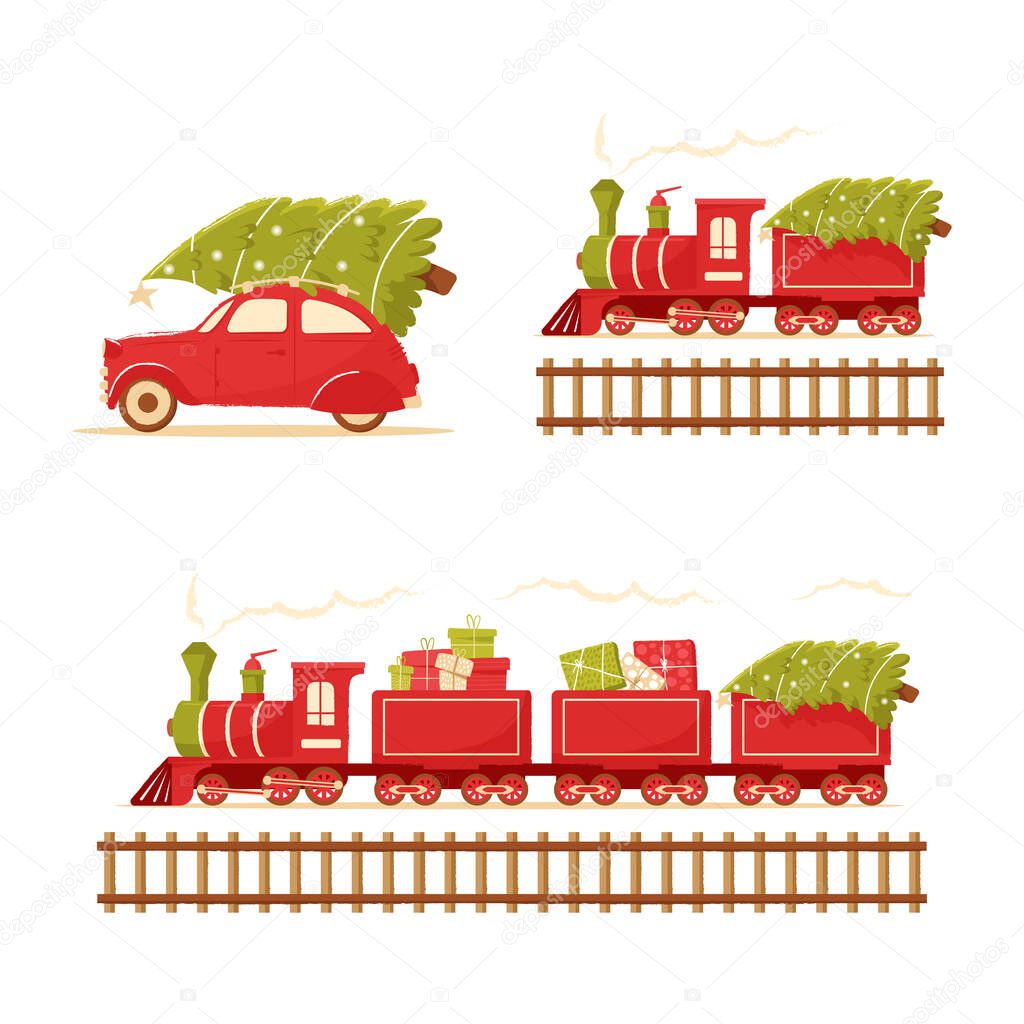 Christmas train and car carries a Christmas tree. Christmas toy locomotive for holiday cards, tags and greeting cards. Christmas tree on roof of a red retro car. Cute postcard with new year and