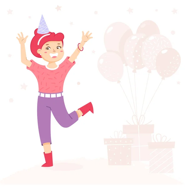 La fille fait signe à la main. Signe de bienvenue pour la fête. Invitation d'anniversaire — Image vectorielle