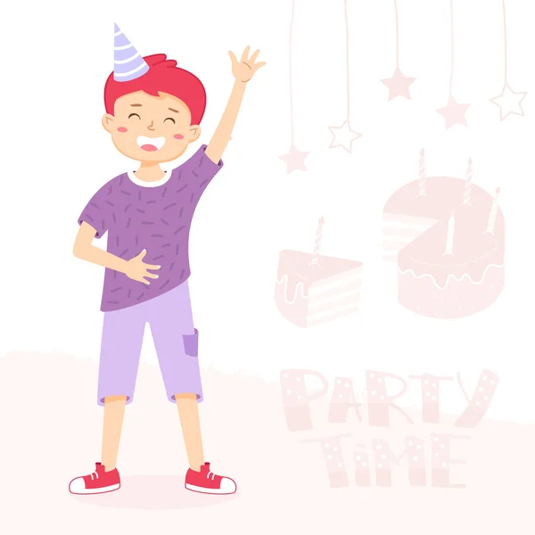 Le garçon agite la main et sourit. Signe de bienvenue pour la fête. Invitation d'anniversaire — Image vectorielle