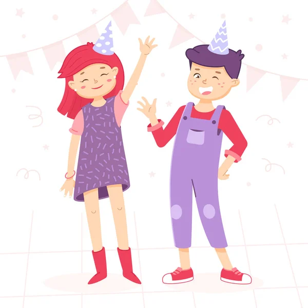 Party-Grußkarte mit Mädchen und Jungen. Kinder winken mit der Hand. Willkommensschild für die Party. Geburtstagseinladung. Illustration im Cartoon-Stil — Stockvektor