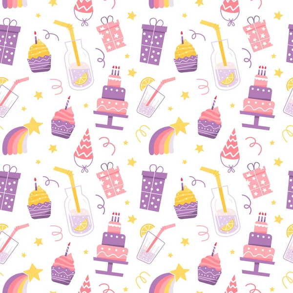 Seamless pattern with party attributes. Happy birthday background for wrapping paper, party flags, greeting cards back — Stock Vector