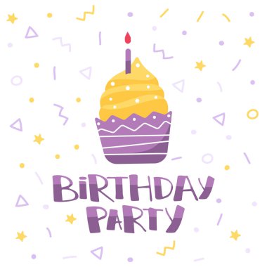 Mumlu ve yazılı doğum günü pastası mutlu yıllar. Çizgi film tarzında illüstrasyon. Doğum günü kartı.