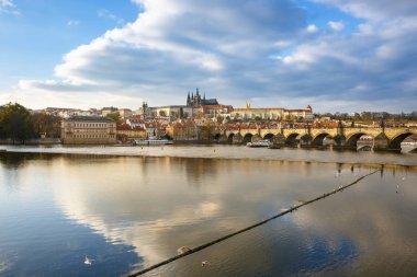 Prag Charles Bridge Vltava ve karmaşık Hradcany kale ile. Seyahat, tatil, gezi konsepti ile negatif ve kopya alanı. 
