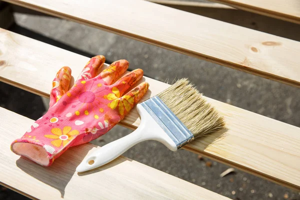 Protecting Gloves Paintbrush Wooden Surface Carpentry Wood Treatment Hard Work — Stock Photo, Image