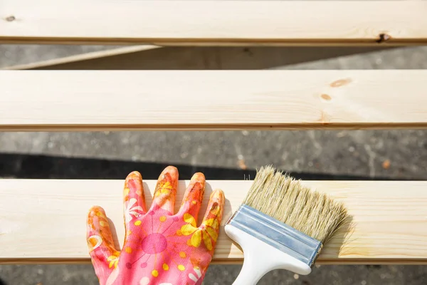 Protecting Gloves Paintbrush Wooden Planks Carpentry Wood Treatment Hard Work — Stock Photo, Image