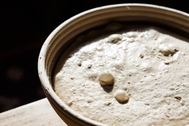 Hamur mayası ekmek sepeti görünür gaz kabarcıkları ile yazım denetleme. Homemade pişirme. 