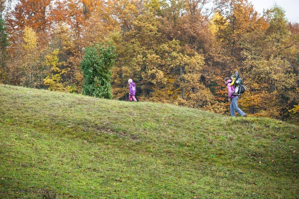 Çocuk taşıyan güzel bir sonbahar gününde yürüyüş çocuk ile anne