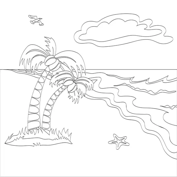 Vektör çizimi bir tropikal plaj sahne sıraladı. Boyama kitabı için kullanabilirsiniz.