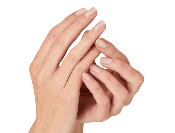 Vrouwelijke Handen Met Ruimte Voor Een Ring Geïsoleerd Wit — Stockfoto