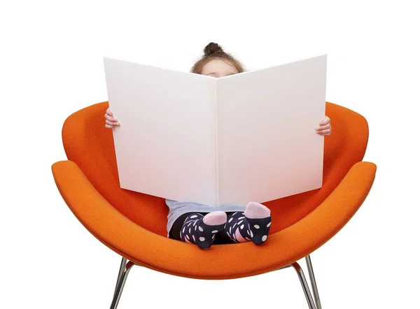 Little Kid Reading Big Book Chair — Stock Photo, Image