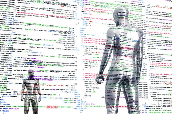 Электронный Человек Стоящий Экрана Компьютера Иллюстрация — стоковое фото