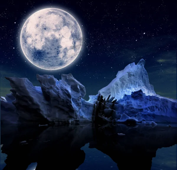 Góry Lodowej Gwiaździstą Noc Pełni Księżyca — Zdjęcie stockowe