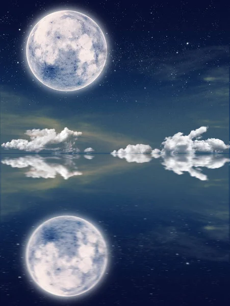 Skyscape Refleksyjną Gwiaździstą Noc Pełni Księżyca — Zdjęcie stockowe