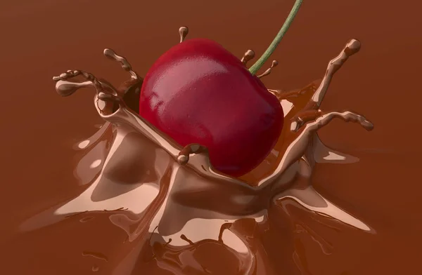 Red Cherry Falling Splashing Chocolate Illustration — Stock Photo, Image