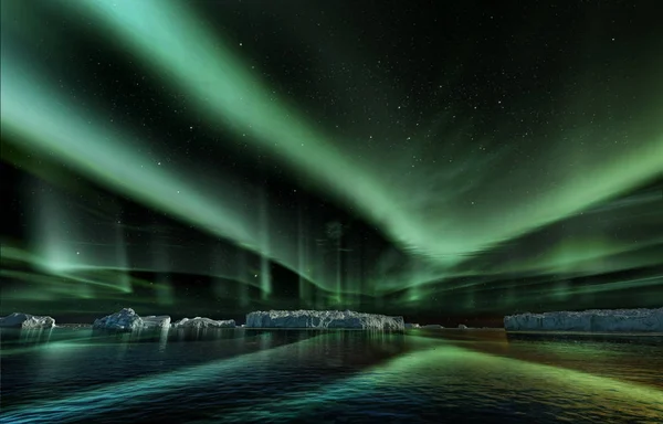 iceberg floating in greenland fjord at night with green northern